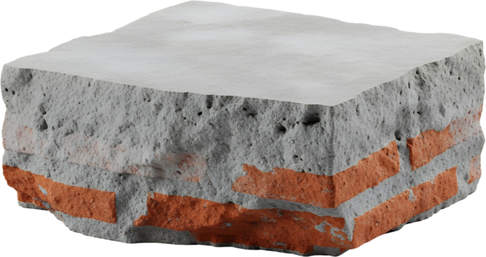 Close up view of a concrete block revealing orange brick layers within its textured grey surface Material Construction Grunge