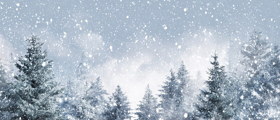 Snow falling heavily on a forest of pine trees creating a winter wonderland scene