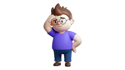 Stylized Cartoon Boy with Brown Hair Wearing Glasses Blue T-shirt and Jeans Pondering with Hand on Forehead in Thoughtful Pose Isolated on Transparent Background