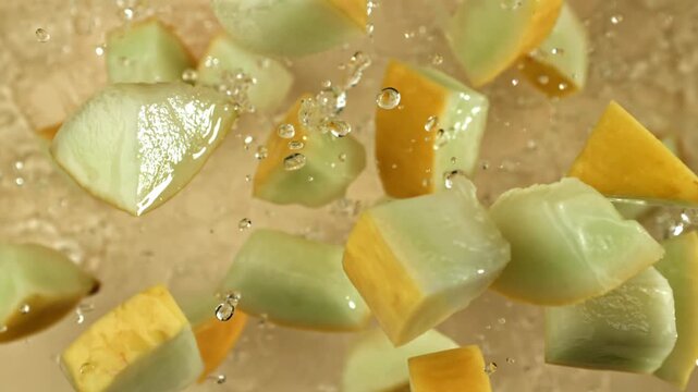 Pieces of melon fly on a light background. Filmed on a high-speed camera at 1000 fps. High quality FullHD footage