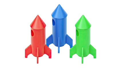 Three Colorful Toy Rockets Red Blue and Green on a Transparent Background Displaying Childhood Imagination and Playful Exploration