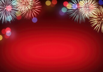 Dazzling fireworks and sparkling bokeh on a festive red background for celebrations