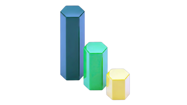 Three Colorful Hexagonal Prisms in Ascending Order Blue Green Yellow Arranged on a Clean White Background with Subtle Lighting and Shadows - Powered by Adobe