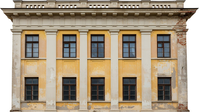 Old yellow building facade with rows of windows architectural detail and visible brickwork on the right side Architecture