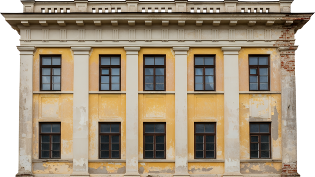 Old yellow building facade with rows of windows architectural detail and visible brickwork on the right side Architecture