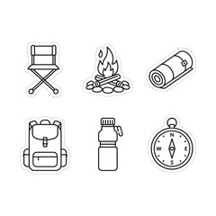 camping equipment icons chair campfire sleeping bag backpack bottle compass for wilderness adventures ideal for outdoor adventure guides websites.