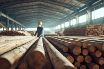 Industrial Wood Processing Line – Worker Inspecting Timber Rods in Modern Factory