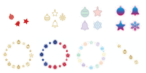 Christmas ornaments with various elegant minimalist designs. Vector, minimalist, illustration, icon set.