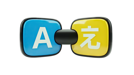 Translation Concept with Stylized Alphabet and Asian Character Symbols on a Bowtie Shaped Graphic Element with a Transparent Background