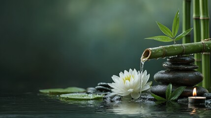 Zen water feature with bamboo, lotus, and candle. Serene spa scene with natural elements promoting relaxation and balance in a calming water environment.