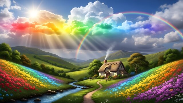 Picturesque cottage nestled in a vibrant rainbow landscape with rolling hills and a clear blue sky above