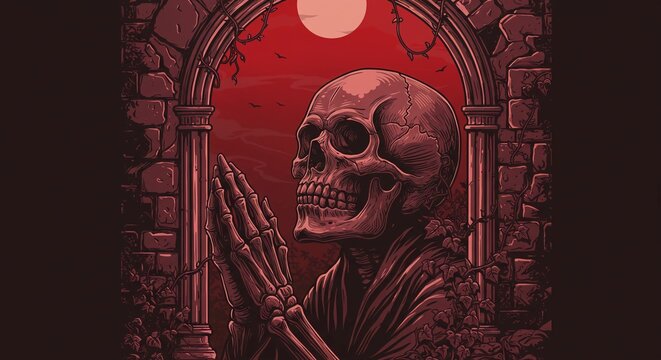 Praying Skull Under Red Moon