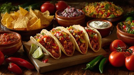 A vibrant array of Mexican food tantalizes the senses. Four tacos take center stage, bursting with flavorful fillings, with sides of chips, salsa, rice, and peppers arranged on a wooden table.
