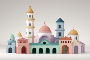 Obraz premium Pixelated Colorful Architectural Structures Against a Neutral Background Displaying Various Building Designs