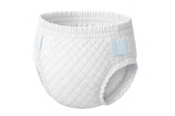 White baby disposable pull-up diaper, soft and absorbent, essential for infant childcare and hygiene, standing on transparent background
