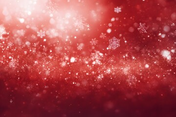 Abstract red background with sparkling light particles and falling snowflakes