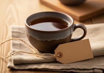 Hot tea in ceramic cup with blank tag in natural light 