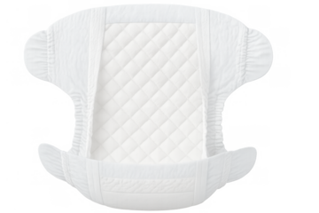 White disposable baby diaper showing absorbent inner layer and side panels, clean hygiene product with transparent background