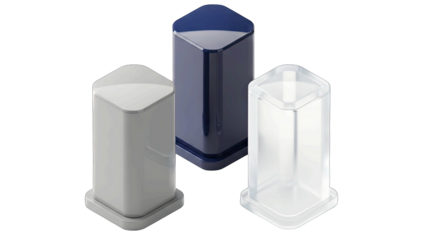 Three Geometric Containers Transparent Gray Blue and Clear Displaying Modern Abstract Design Elements Isolated on White Background with Subtle Shadows