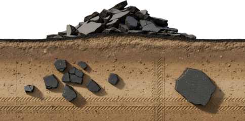 Cross section of ground revealing broken asphalt pieces and tire tracks in the dirt layer road construction texture crosssection