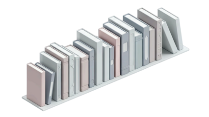 Various Books Arranged Neatly on a White Shelf with a Transparent Background Offering a Clean Aesthetic for Educational or Library Themes