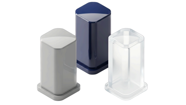 Three Geometric Containers Transparent Gray Blue and Clear Displaying Modern Abstract Design Elements Isolated on White Background with Subtle Shadows