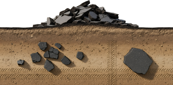 Cross section of ground revealing broken asphalt pieces and tire tracks in the dirt layer road construction texture crosssection