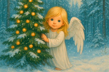 Little Christmas angel with decorated tree in snowy winter forest scene