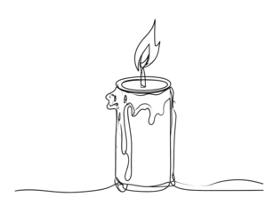 Lit candle outline on black. Wax drips, adding character to the illumination in minimalist monochrome illustration