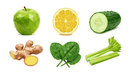 Polygon fruits and vegetables: apple, lemon, cucumber, ginger, spinach, celery art