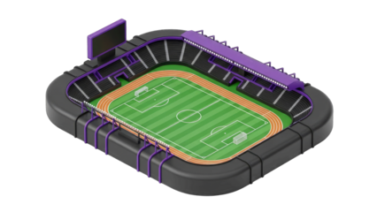 Vibrant Isometric Sports Stadium with Green Football Field and Athletic Track Purple Accents in Aerial View