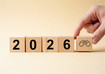 Hand places binoculars icon on 2026 wooden block year