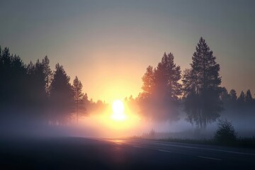 Sun Rising Above Misty Forest Road Creating Soft Atmospheric Glow and Silhouetted Trees