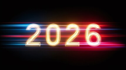 2026 glows against a dark backdrop with streaks of blues, reds, and pinks, creating a vibrant and futuristic scene. Celebrating the year with bright colors and neon-like effects.