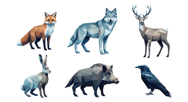 Geometric polygonal wildlife collection featuring fox, wolf, deer, and more