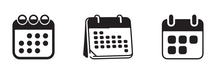 Set of 3 calendar vector icons illustrating calendar with dates, calendar with page curl, and calendar with dates