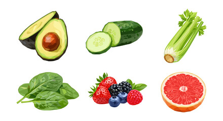 Fresh fruits and vegetables in geometric low poly style for healthy living