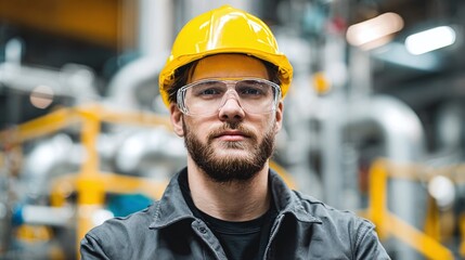 A serious engineer stands with assurance. Wearing safety glasses and a yellow hard hat, he blends safety with purpose in the factory's industrial symphony.