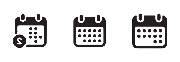 Set of vector calendar icons showing currency symbol for financial events isolated on white background