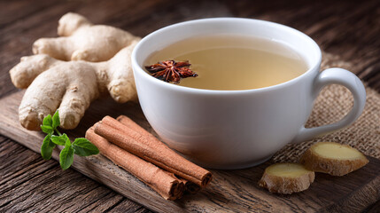 Invigorating beverage with ginger, cinnamon, and star anise, served in a white cup on a wooden surface. A comforting and aromatic drink for relaxation. Enjoy the warmth.