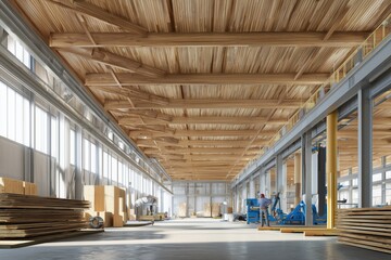 Fototapeta premium Wood Manufacturing Background – Timber Rods in Factory With Wide Copy Space Layout