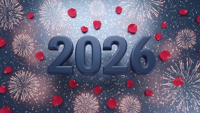 Happy new year 2026 fireworks and rose petals - Powered by Adobe