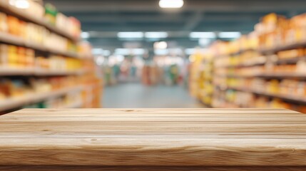 Wooden Table Copy Space in Blurred Supermarket Aisle – Clean Retail Background Layout