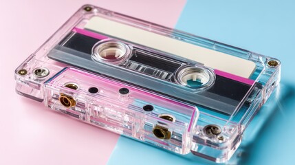 A close up of a retro cassette tape on a pink and blue background