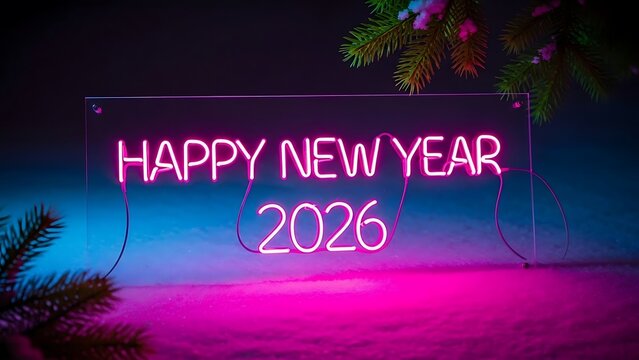 Happy new year 2026 neon sign on snow - Powered by Adobe