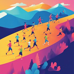 Fototapeta premium Colorful Group of Runners Training Outdoors on Mountain Trail at Sunrise