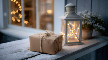 Delivery parcel sits beside lantern on winter porch with warm lights shining through windows at night