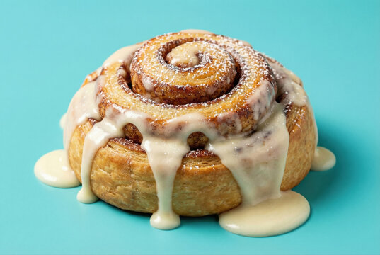 Rollo de canela con glaseado de vainilla sobre fondo azul