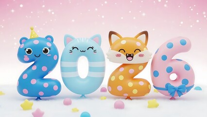 Obraz premium Cute 2026 new year celebration with animal shaped numbers and polka dots