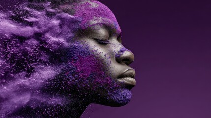 Person’s head immersed in purple pigments, eyes closed. Epilepsy awareness,  support, inclusion during Purple Day initiatives